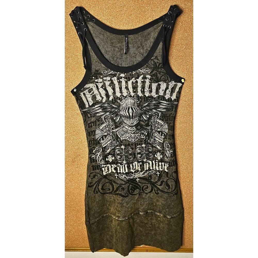 Affliction Vintage Graphic "Dead Or Alive" Lace-Up Dress. L